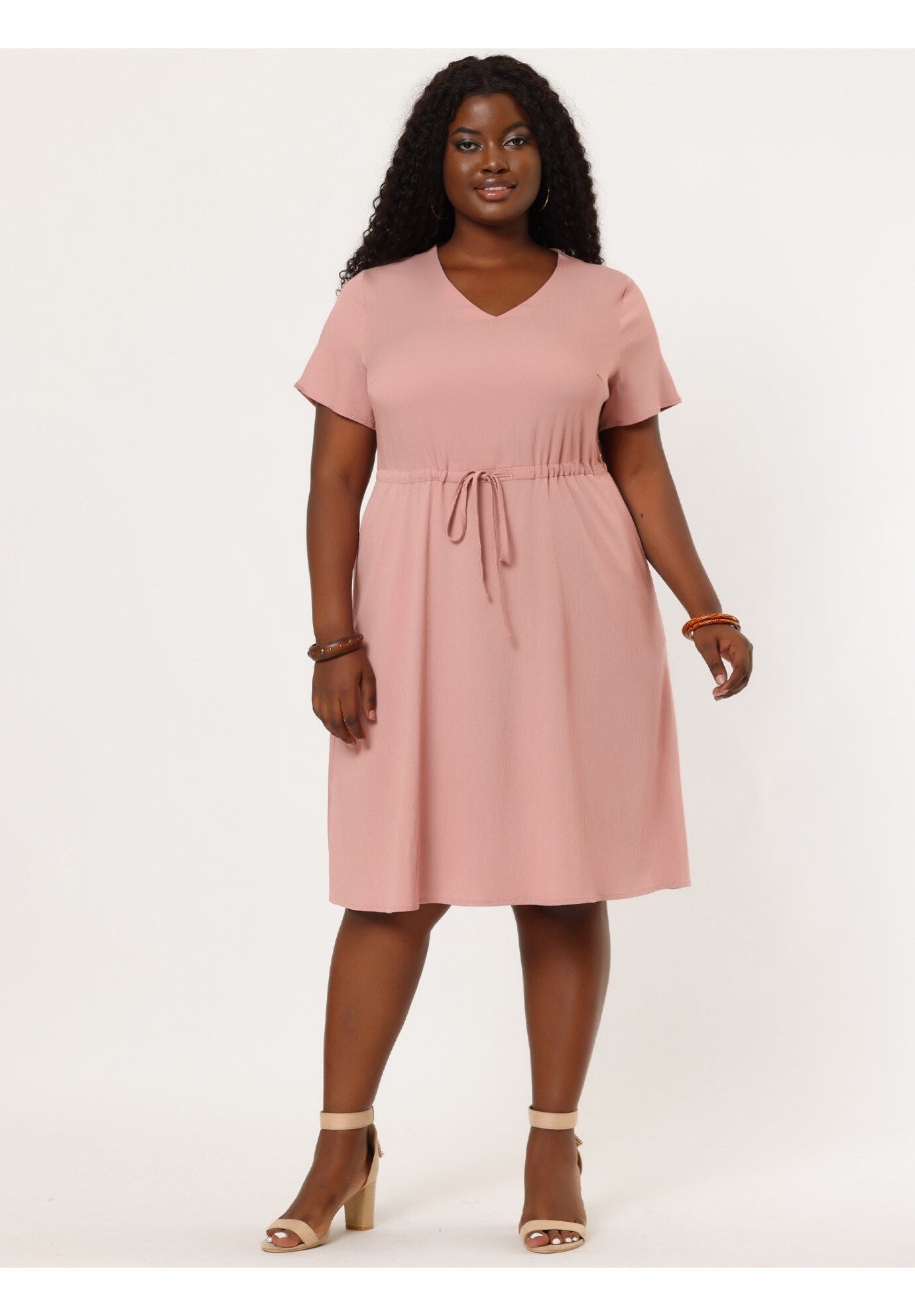 V Neck Short Sleeve A Line Flowy Midi Chambray Dress, Pink / Pink, alternate image number 3