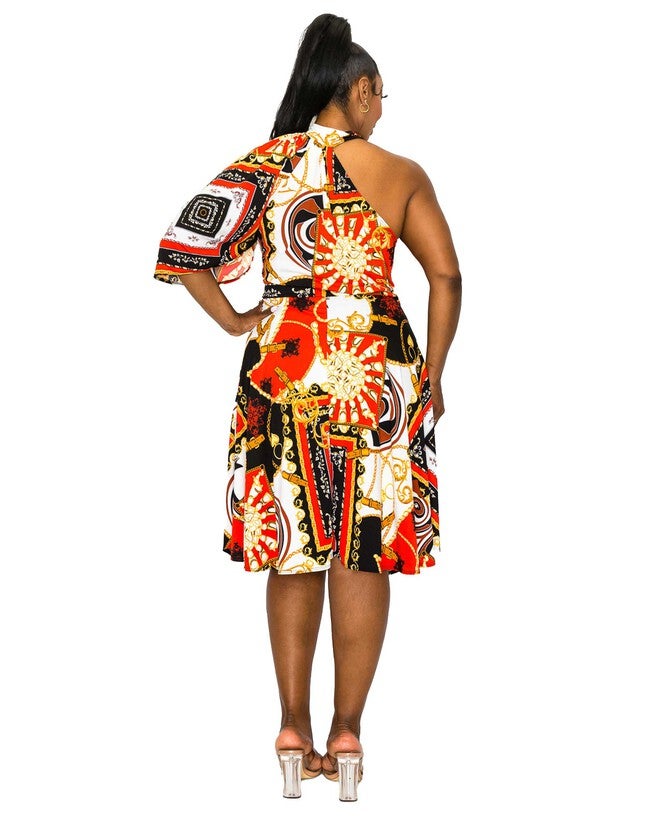 KNOWLES ONE SHOULDER BAROQUE PRINT FLARE, RedBlack / Red, alternate image number 1