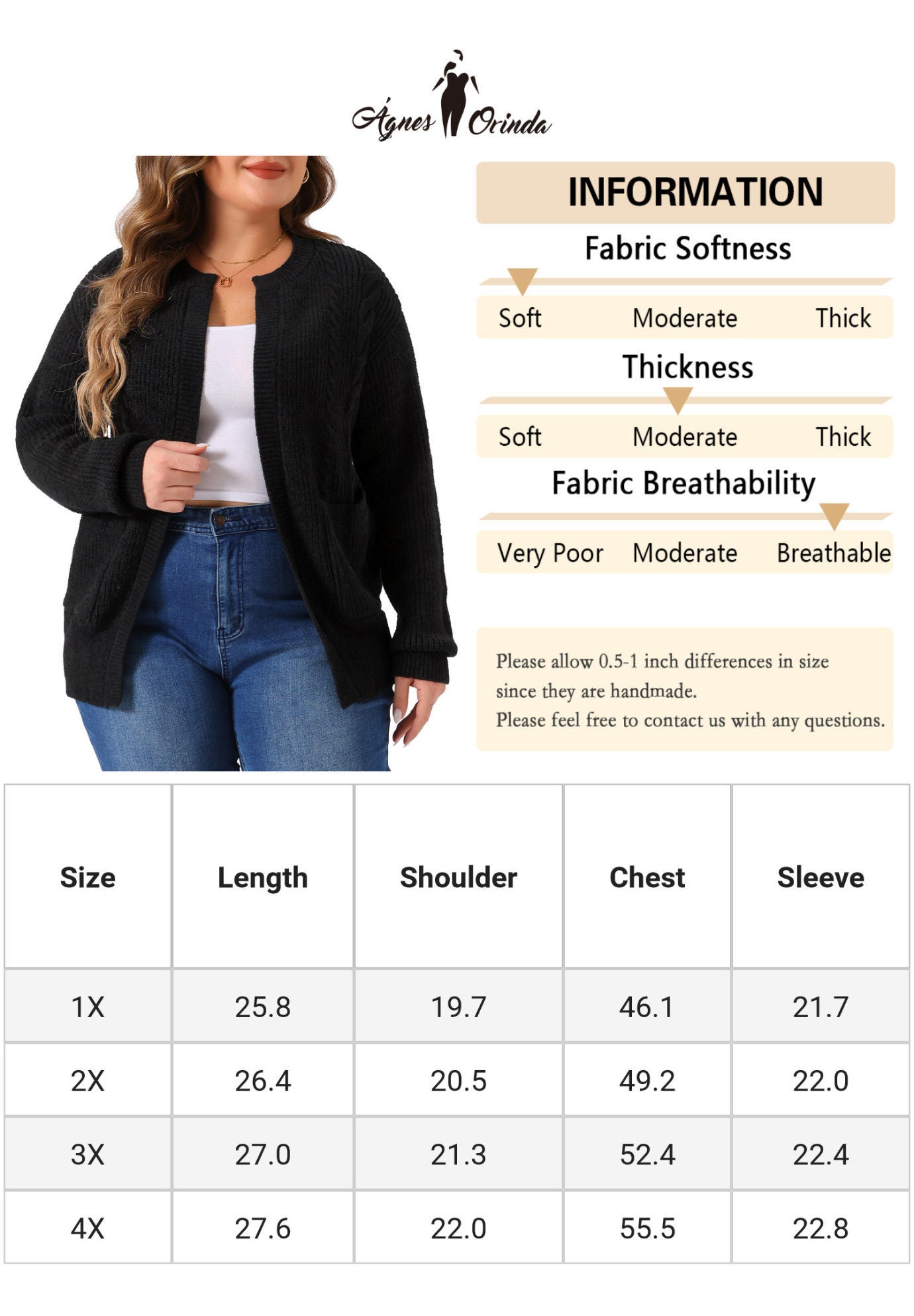 Long Sleeve Crew Neck Knit Cardigan Sweaters with Pockets, Black / Black, alternate image number 4