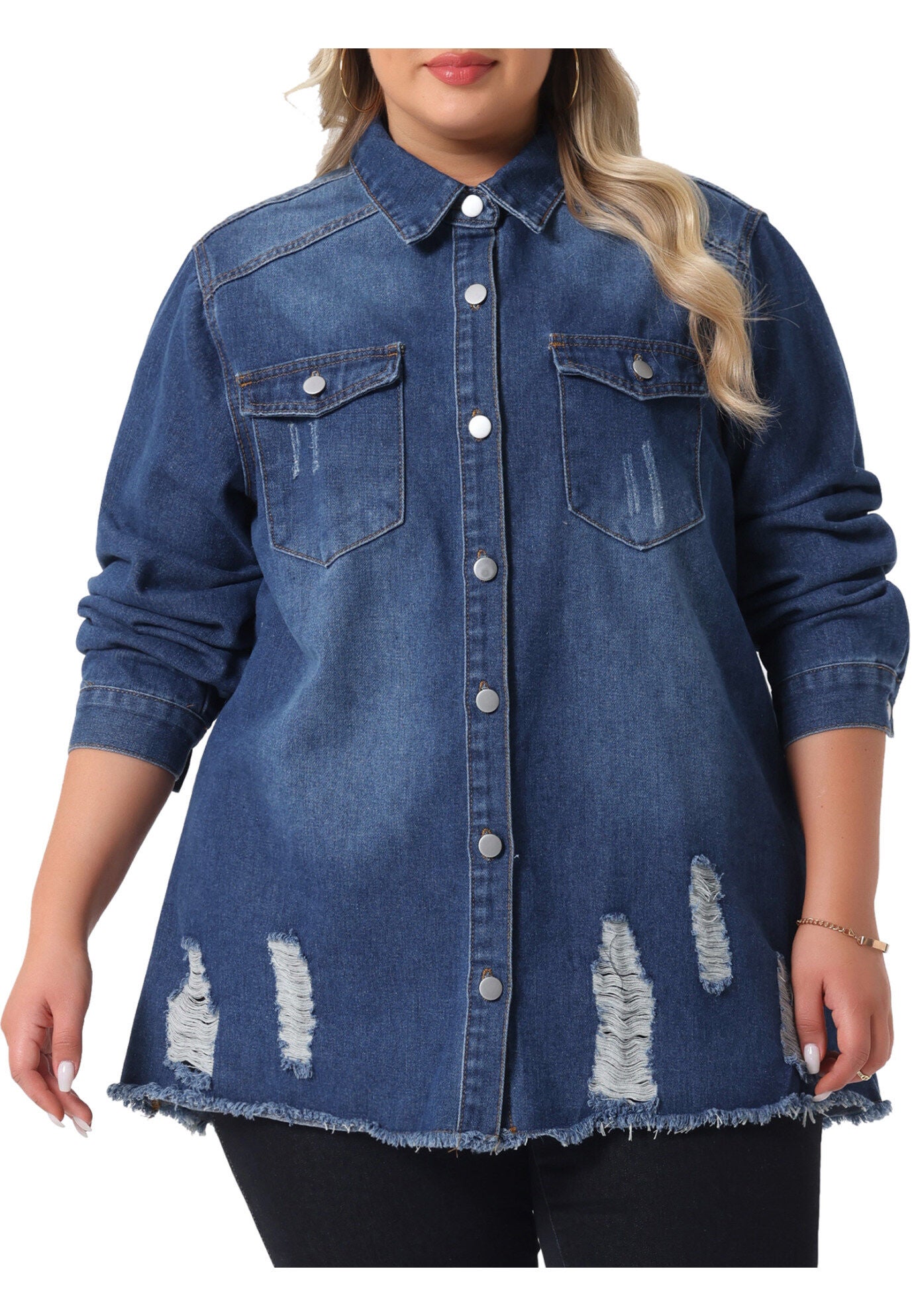 Long Sleeve Denim Jackets Boyfriend Shirt Jean Jacket, Dark Blue / Navy, alternate image number 1