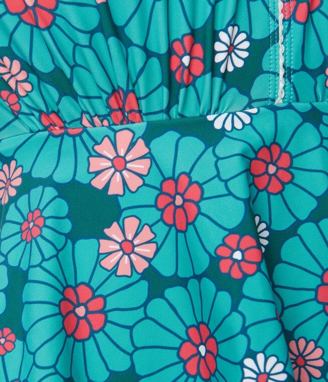 Unique Vintage Teal Flower Child Skirted Wendy Swimsuit, Teal Flower Child / Teal, alternate image number 2