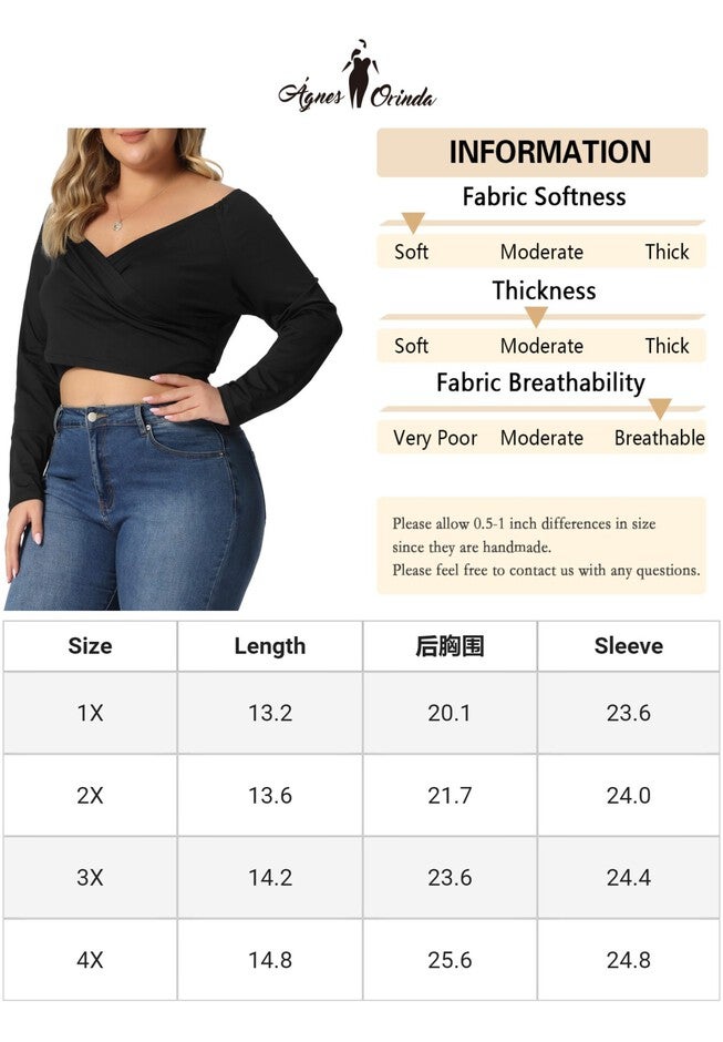 OFF SHOULDER LONG SLEEVE CROSS WRAP V NECK CROP TOP, Black / Black, alternate image number null