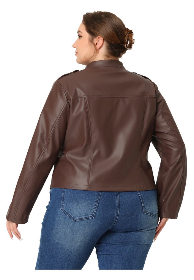 FAUX LEATHER MOTO BIKER ZIP UP JACKET, Brown / Brown, alternate image number 3