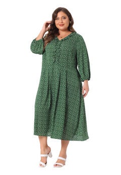 3/4 Sleeve Sweetheart Print Midi Ruffle Dress