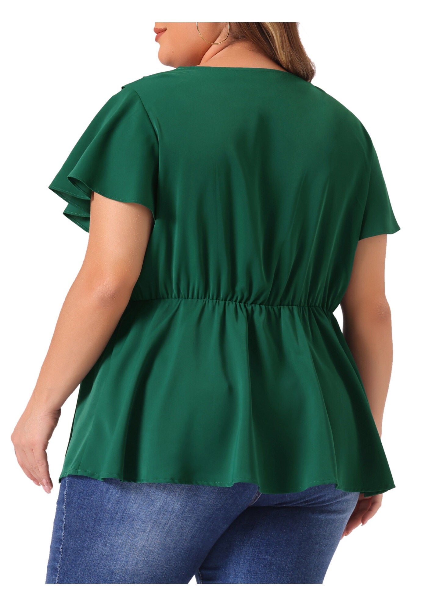 V NECK FLARE SLEEVE RUFFLE PEPLUM WRAP BLOUSE TOP, Dark Green / Forest Green, alternate image number 3