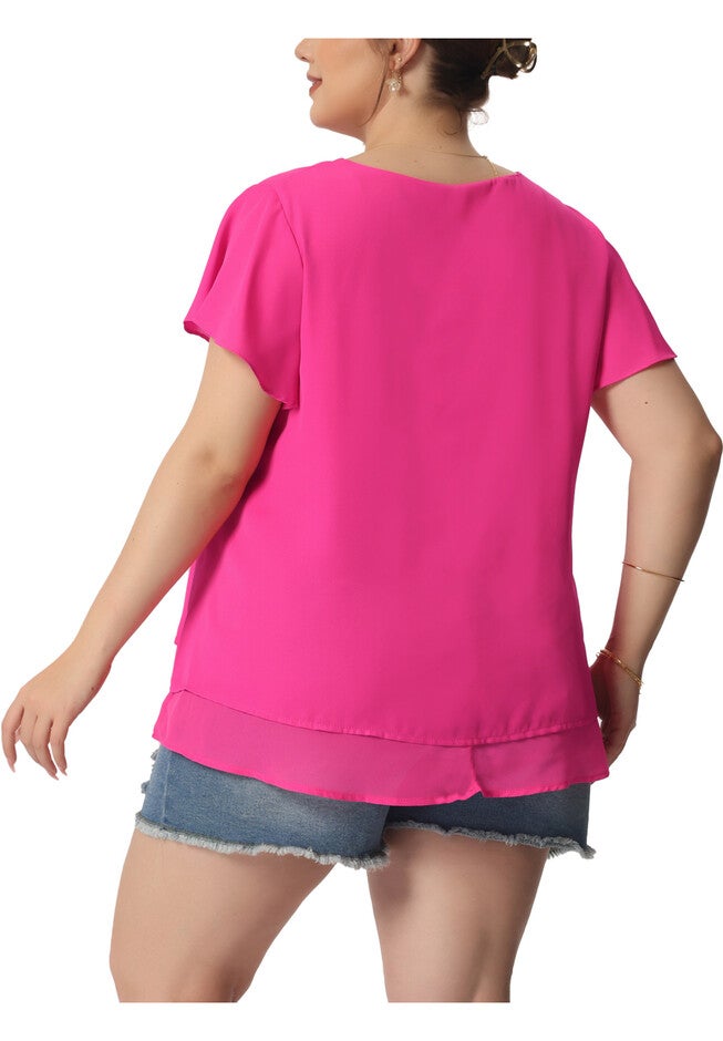 Summer Top Ruffle Short Sleeve V Neck Double Layered Hem Chiffon Blouse, Hot Pink / Deep Fuchsia, alternate image number 3