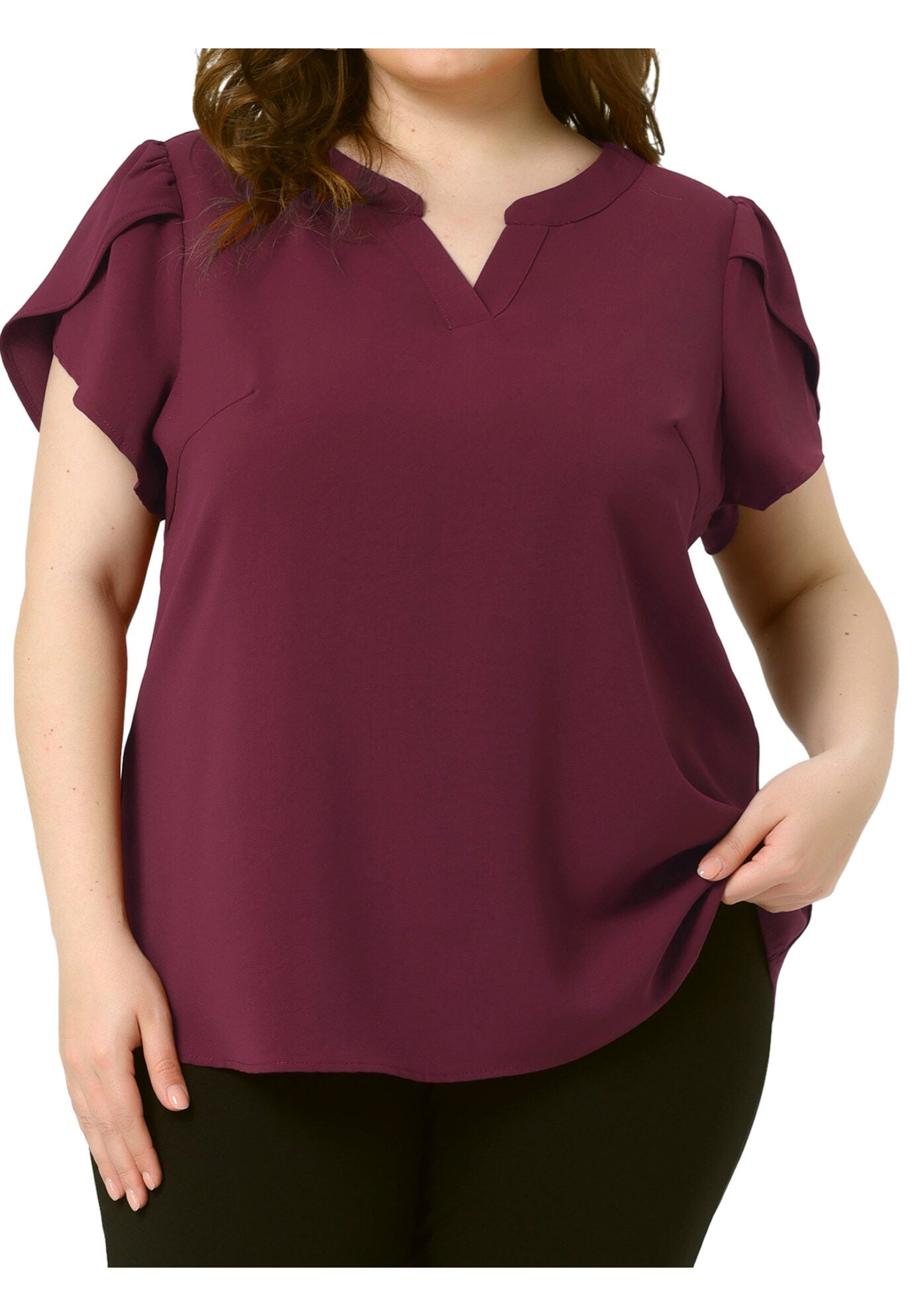 Notched V Neck Short Petal Sleeve Shirt Top, Burgundy / Burgundy, alternate image number 2
