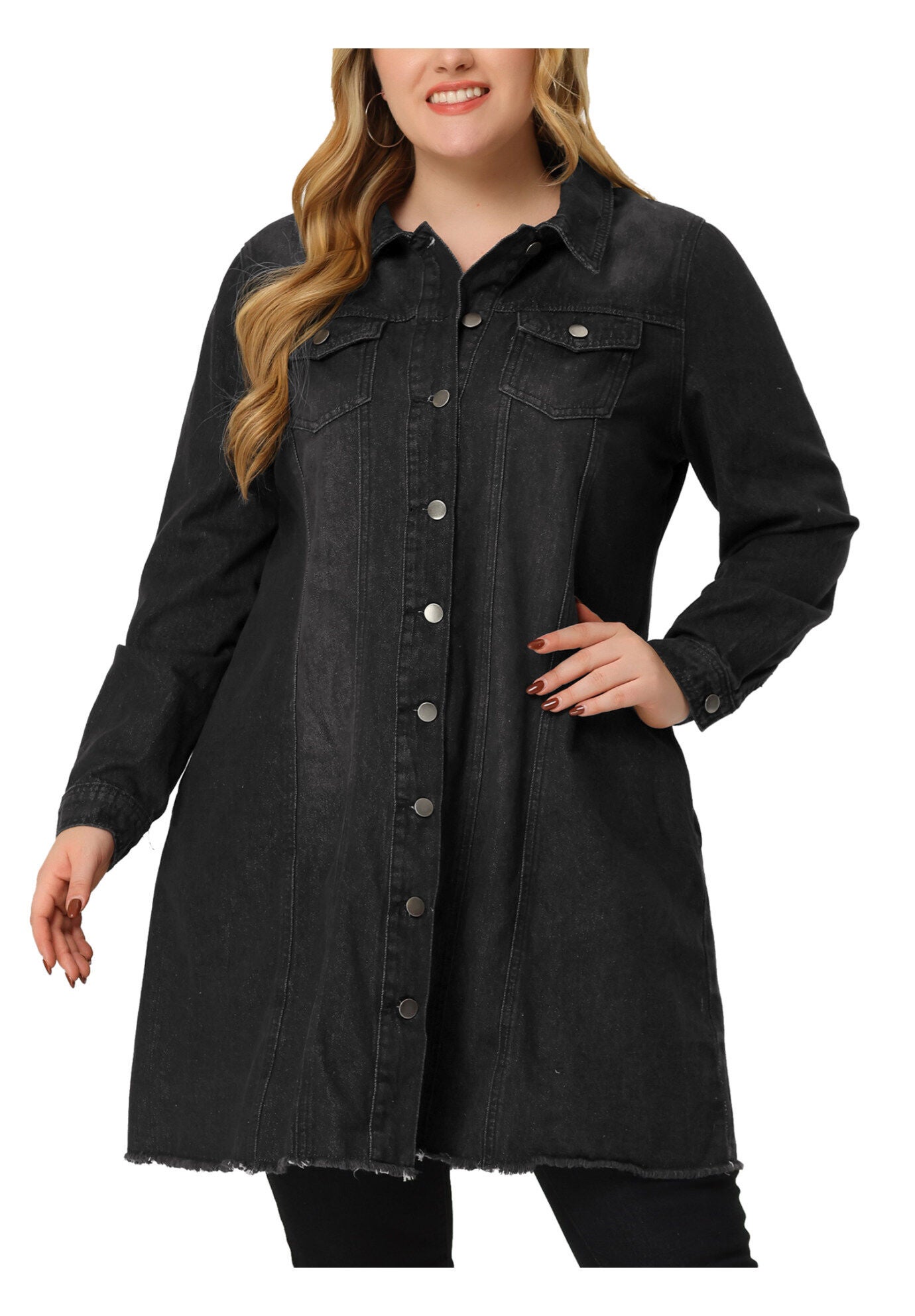 DISTRESSED BUTTON UP POCKET LONG DENIM JACKET, Black / Black, alternate image number 1