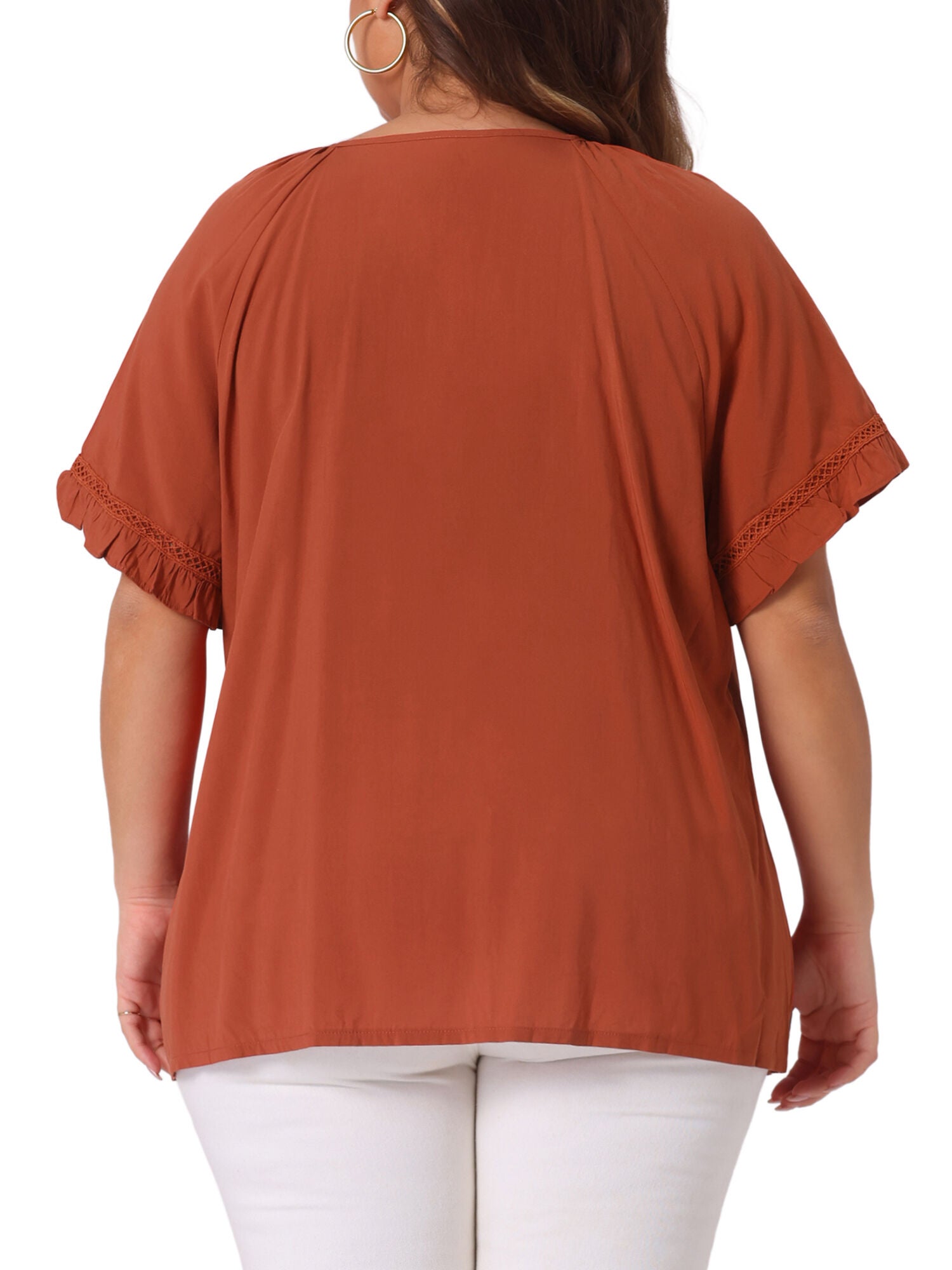 TIE NECK RUFFLE SHORT SLEEVE LACE CROCHET BLOUSE TOP, Caramel / Brown, alternate image number 3