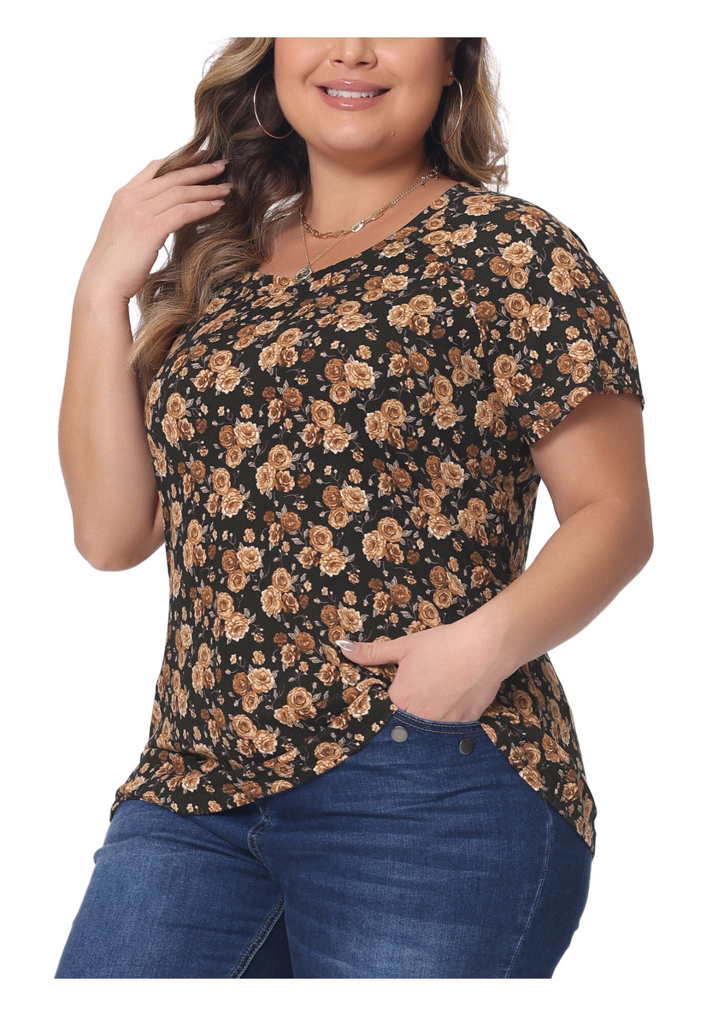 Floral Blouse Short Sleeves Loose Top, Brown / Brown, alternate image number 2