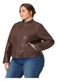 FAUX LEATHER MOTO BIKER ZIP UP JACKET