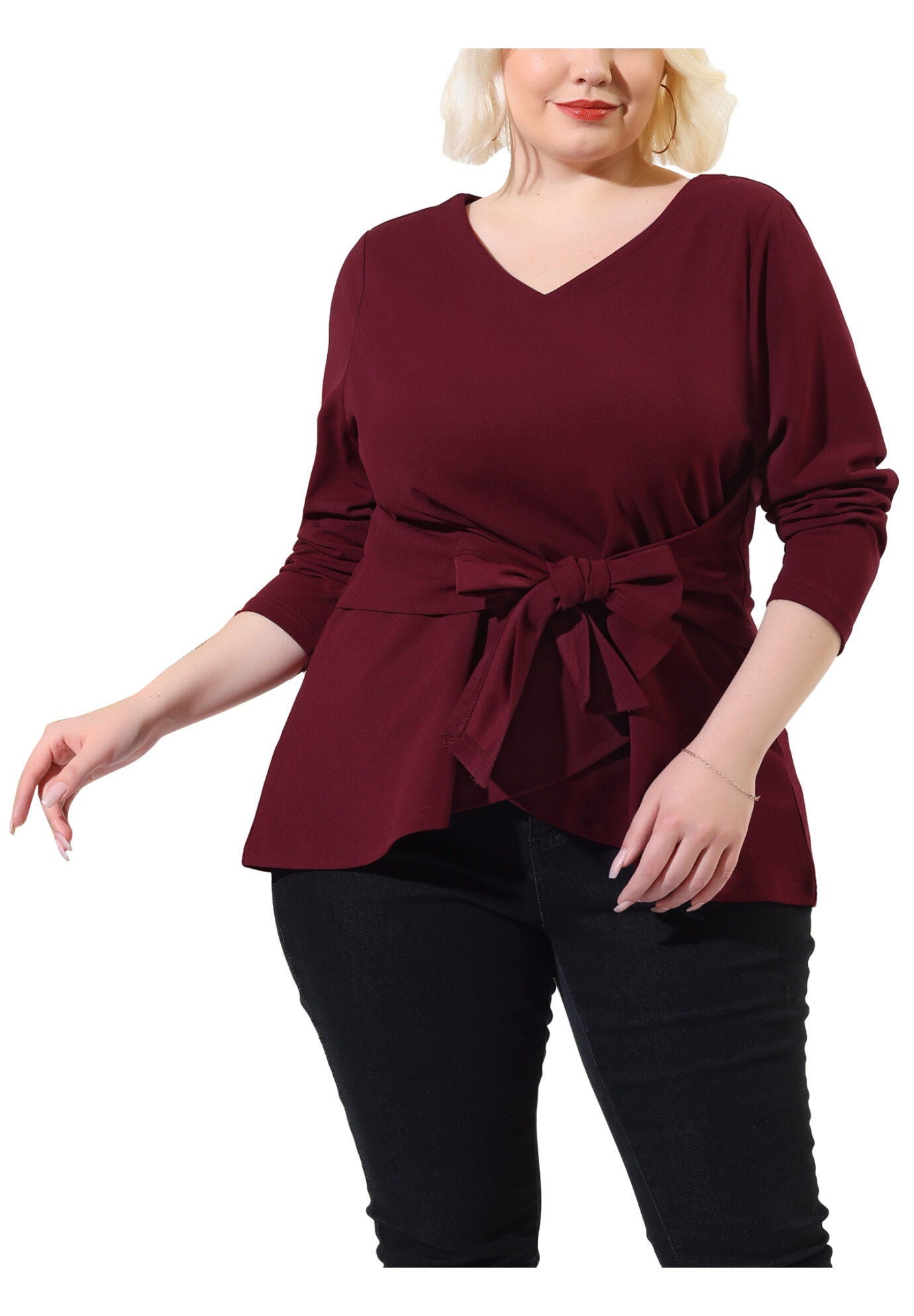 V Neck Knit Belted Knot Tie Work Top Blouse, Burgundy / Burgundy, alternate image number 2