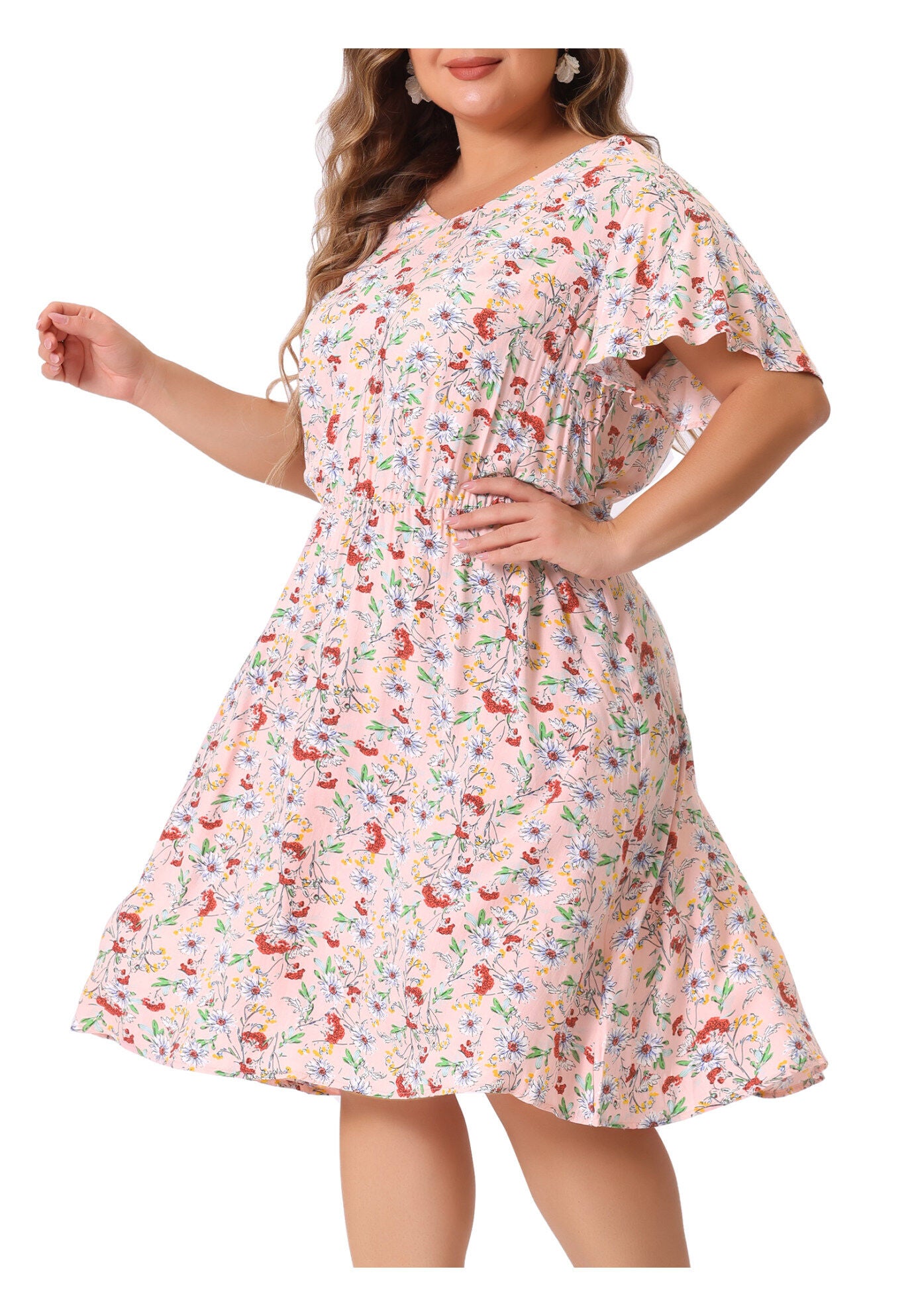 Summer V Neck Flare Sleeve Peplum Midi Ruffle Dress, Light Pink / Pink, alternate image number 2