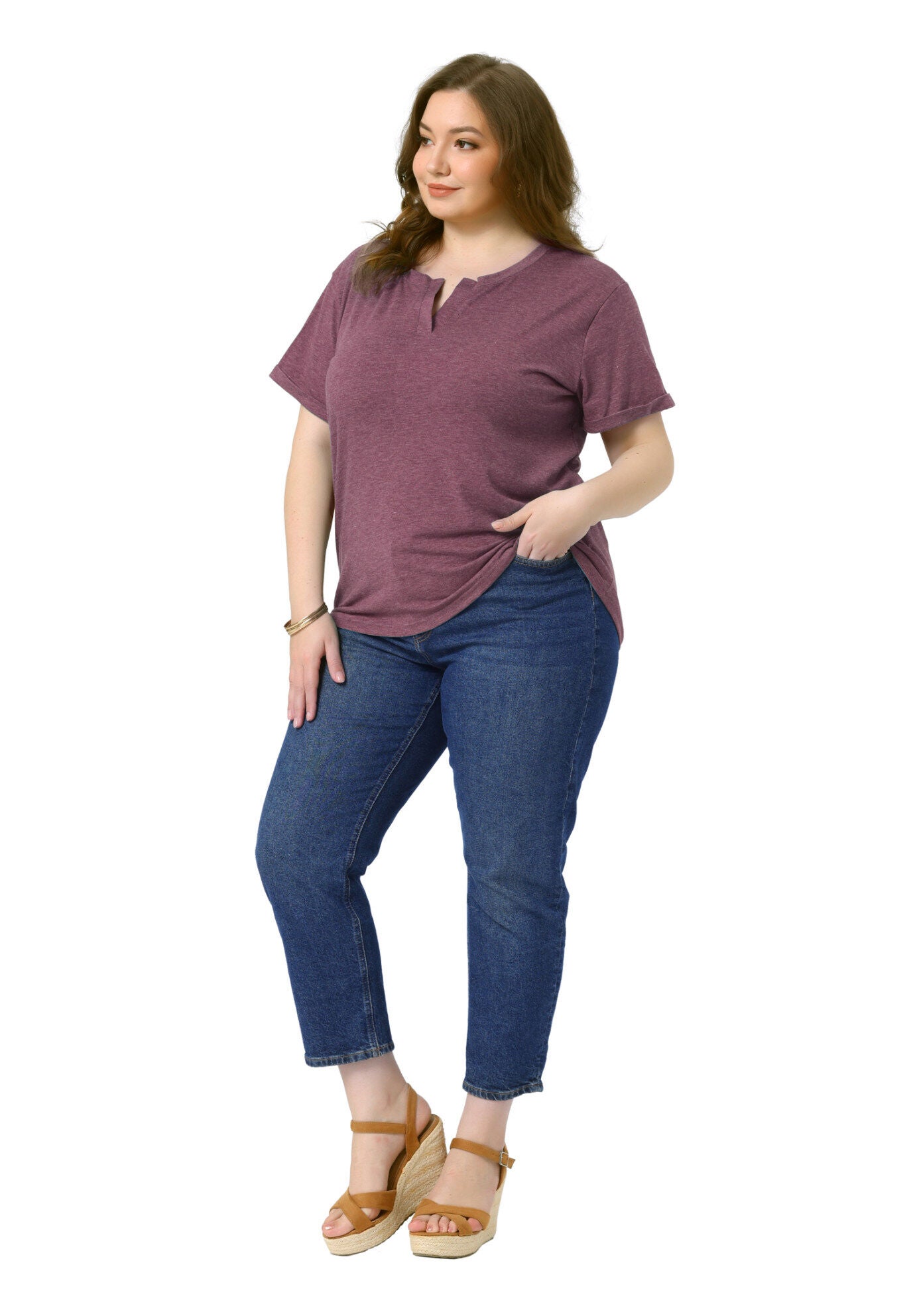 Short Sleeve Notched V Neck Summer Tees Tops, Burgundy / Burgundy, hi-res image number 0