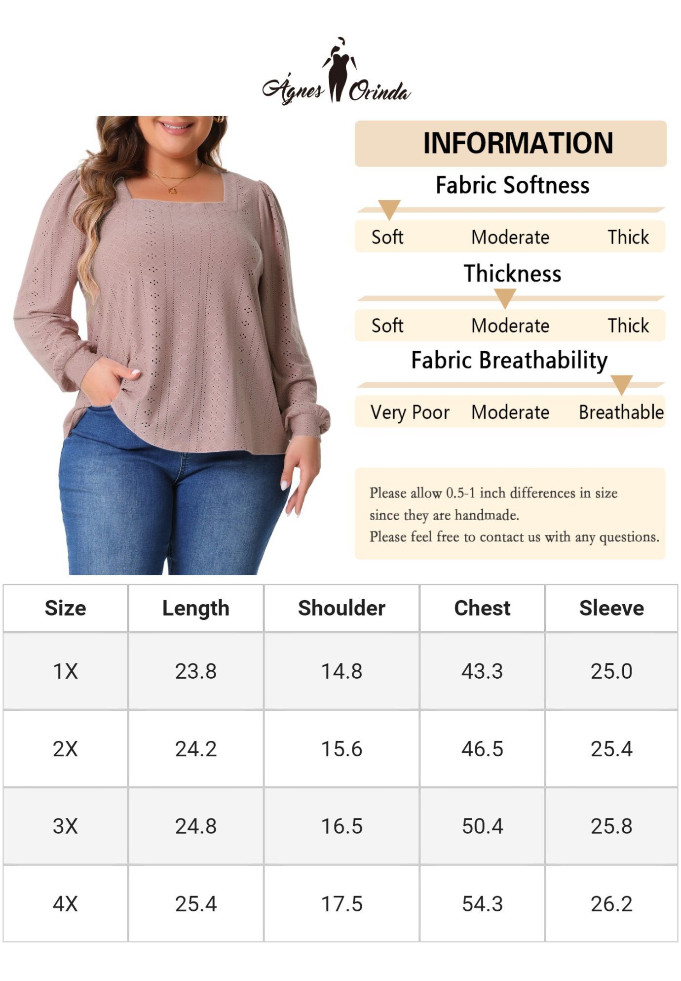 Square Neck Hollow Long Sleeve Eyelet Blouse, Dark Pink / Mauve, alternate image number 1