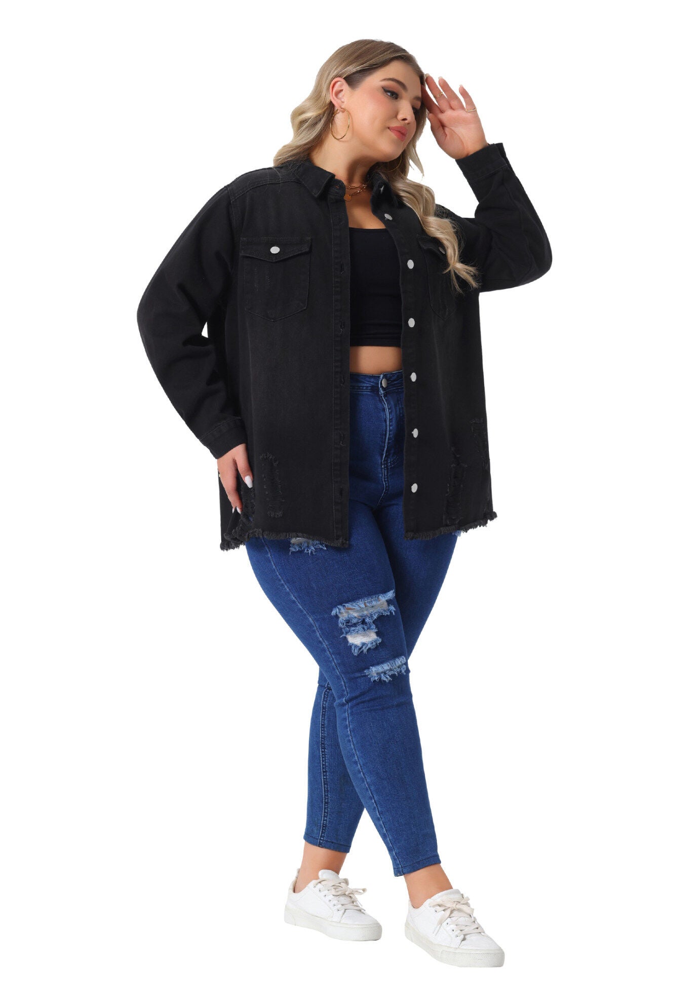 Long Sleeve Denim Jackets Boyfriend Shirt Jean Jacket, Black / Black, hi-res image number 0