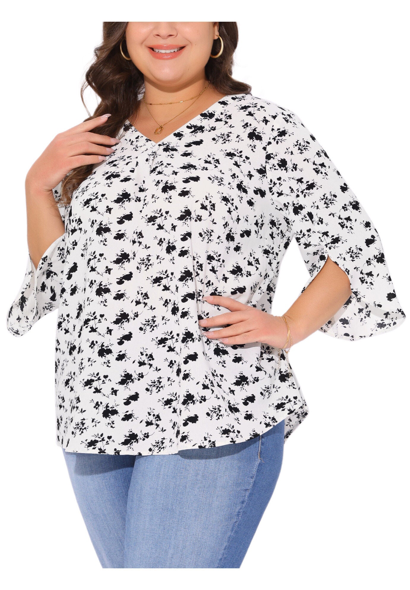 3/4 Sleeve V Neck Chiffon Shirt Tunic Top, White / White, alternate image number 2