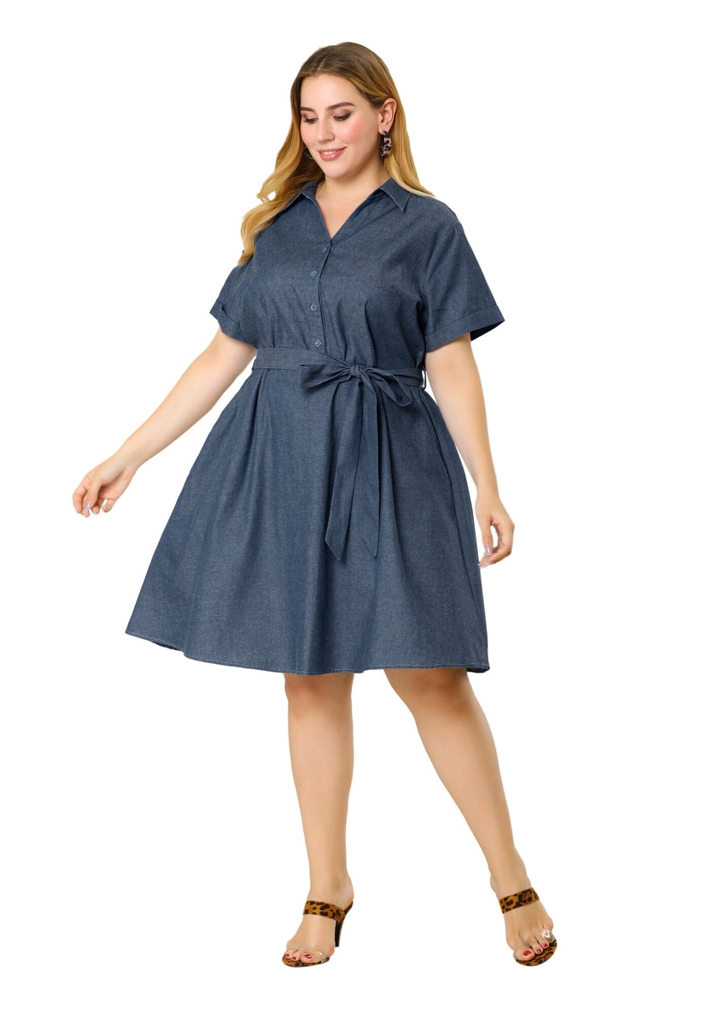 Buttons Belted Short Sleeves Chambray Dress, Dark Blue / Navy, hi-res image number 0