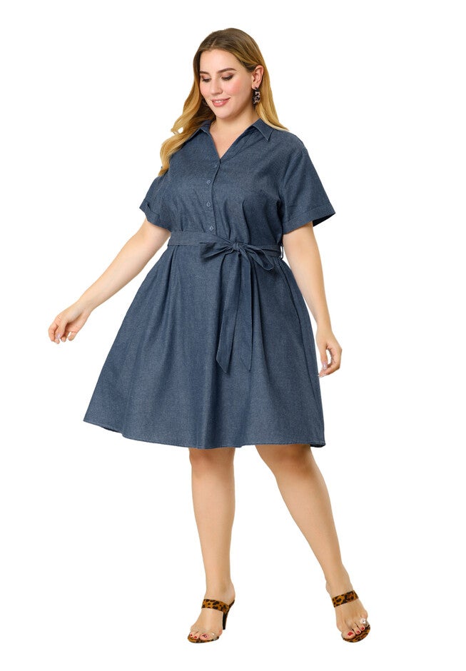 Buttons Belted Short Sleeves Chambray Dress, Dark Blue / Navy, hi-res image number 0