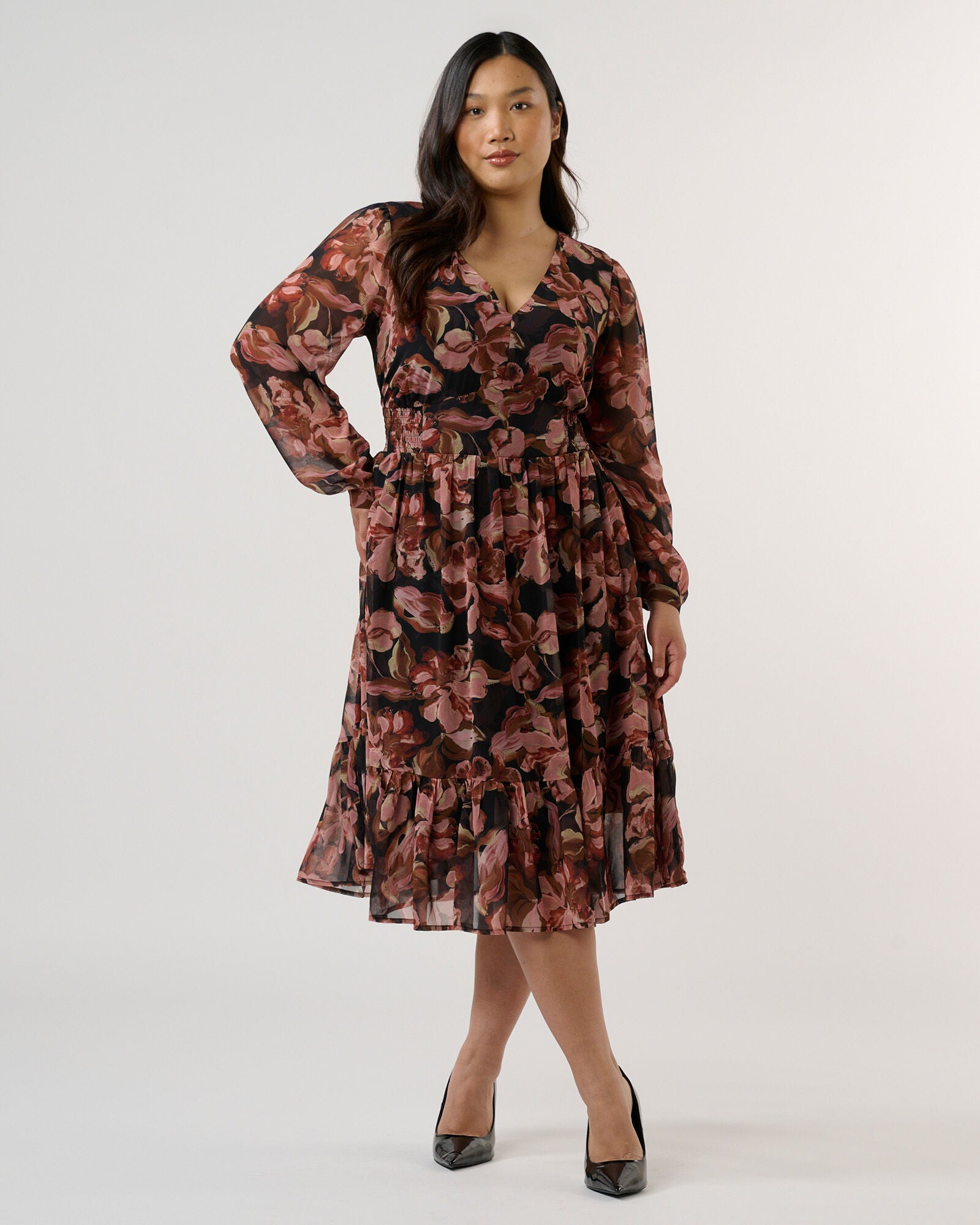 Natalia Floral V-Neck Fit Flare Midi Dress, ChocBlush / Brown, hi-res image number 0