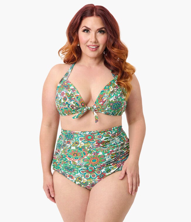 Unique Vintage Plus Size Green Kaleidoscope Monroe Halter Swim Top, Kelly Green / Kelly Green, hi-res image number null