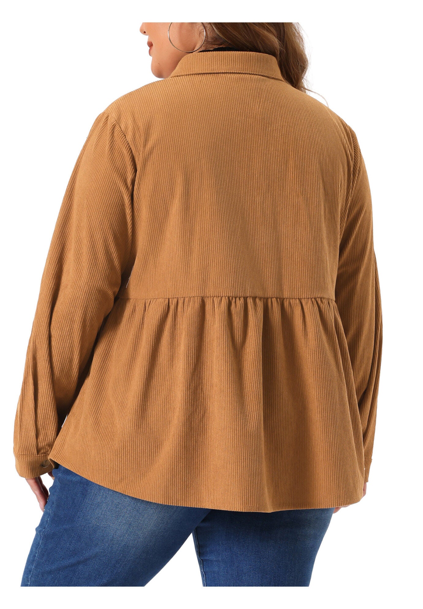 Peplum Button Down with Pockets Corduroy Shirt, Brown / Brown, alternate image number 3