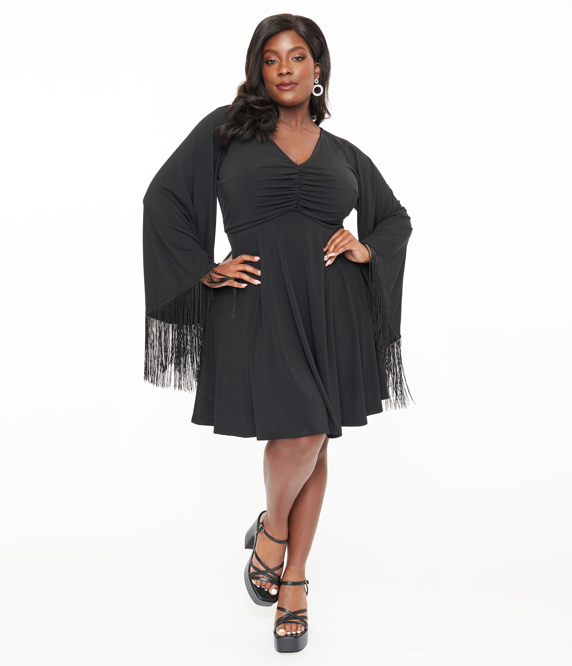 Smak Parlour Plus Size Black Fringe Bell Sleeve Fit & Flare Dress, Black / Black, alternate image number 2