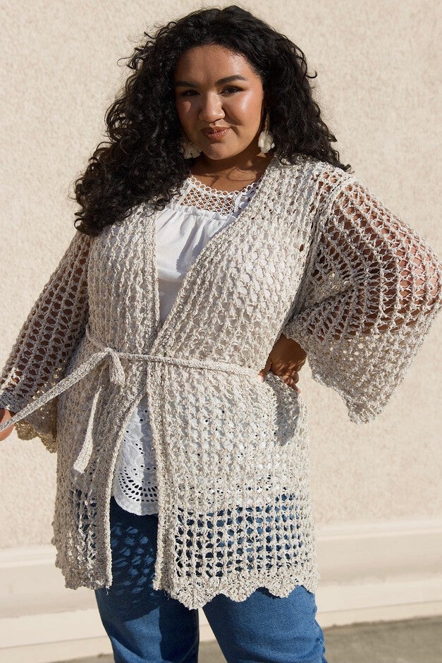 Laguna Open Knit Crochet Kimono, Sand / Beige, alternate image number null