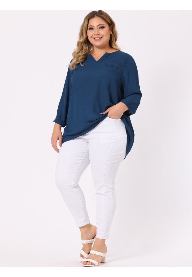 3/4 Sleeve Sheer Flowy Summer Split V Neck Blouse, Blue / Navy, alternate image number 1