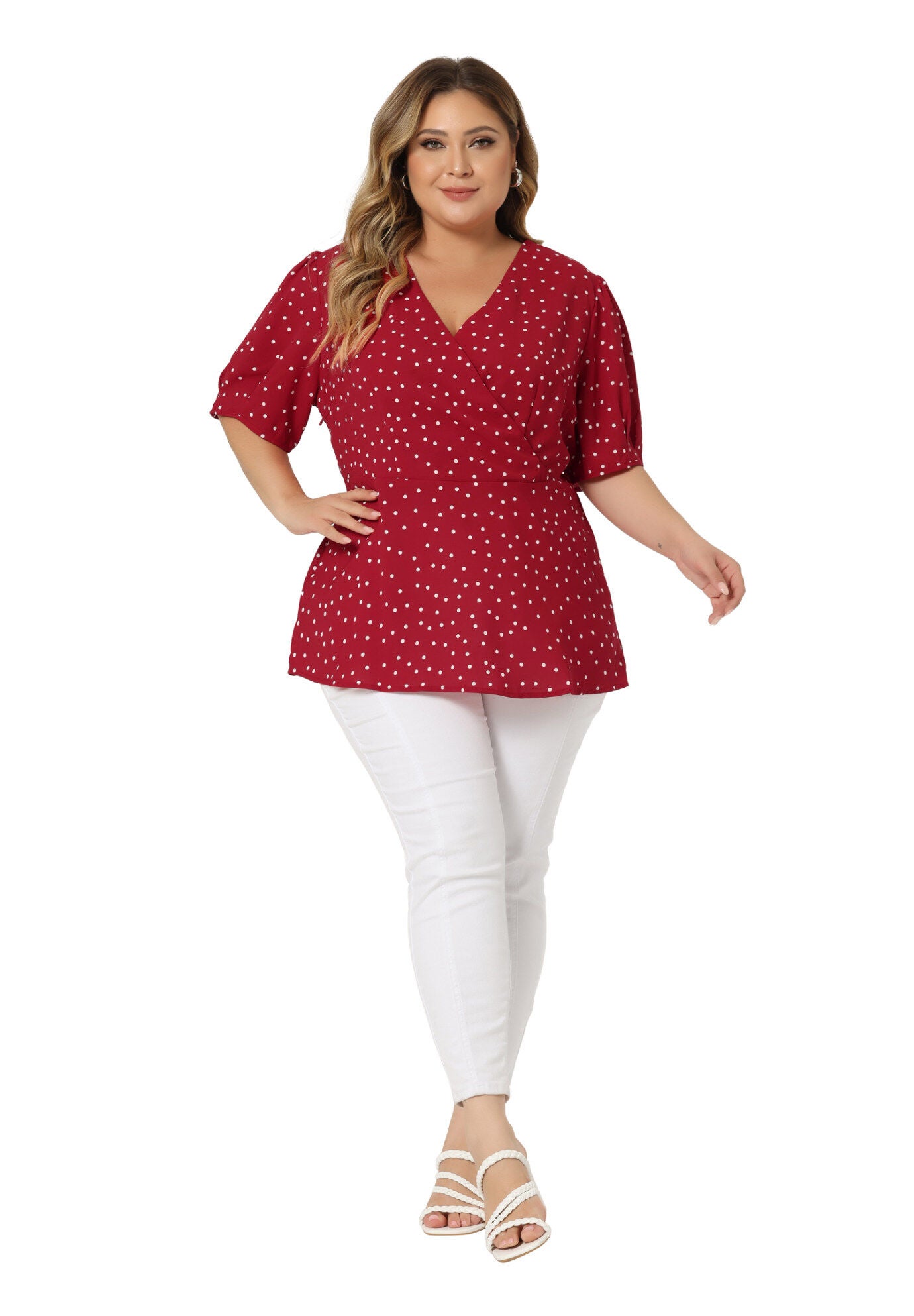 Summer V Neck Wrap Short Sleeve Polka Dots Peplum Top, Red / Red, hi-res image number 0