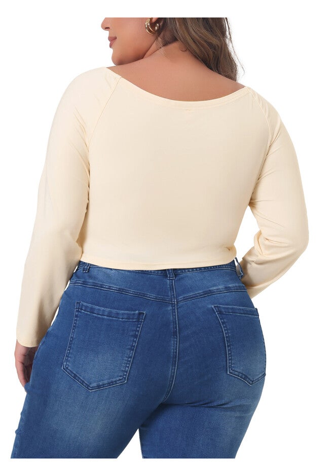 OFF SHOULDER LONG SLEEVE CROSS WRAP V NECK CROP TOP, Beige / Beige, alternate image number null