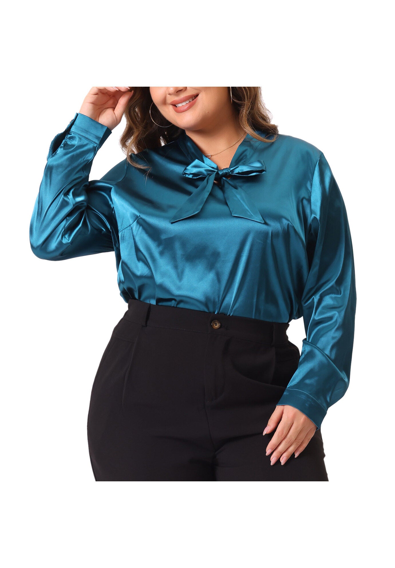 Tie Neck Satin Top Blouse, Peacock Blue / Teal, alternate image number 1