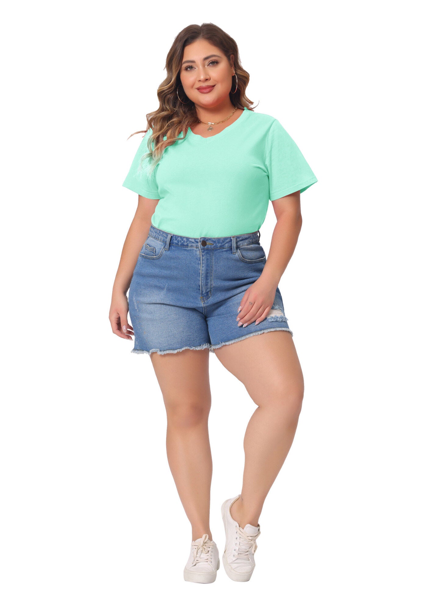 Short Sleeve V Neck Basic T-Shirt Top, Mint Blue / Mint, hi-res image number 0