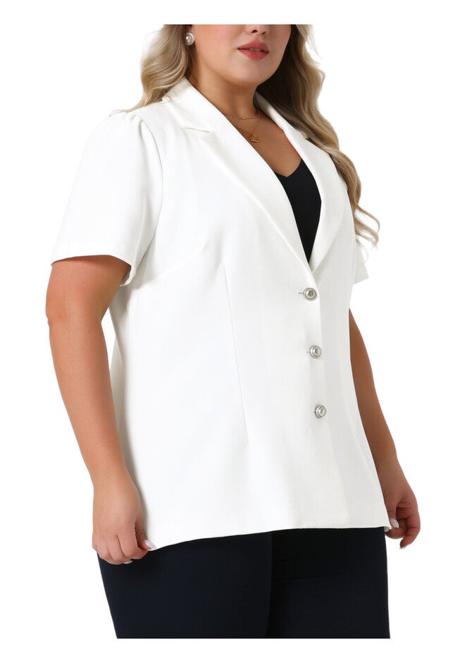 Notched Lapel Short Puff Sleeve Blazer Jackets, White / White, alternate image number 4