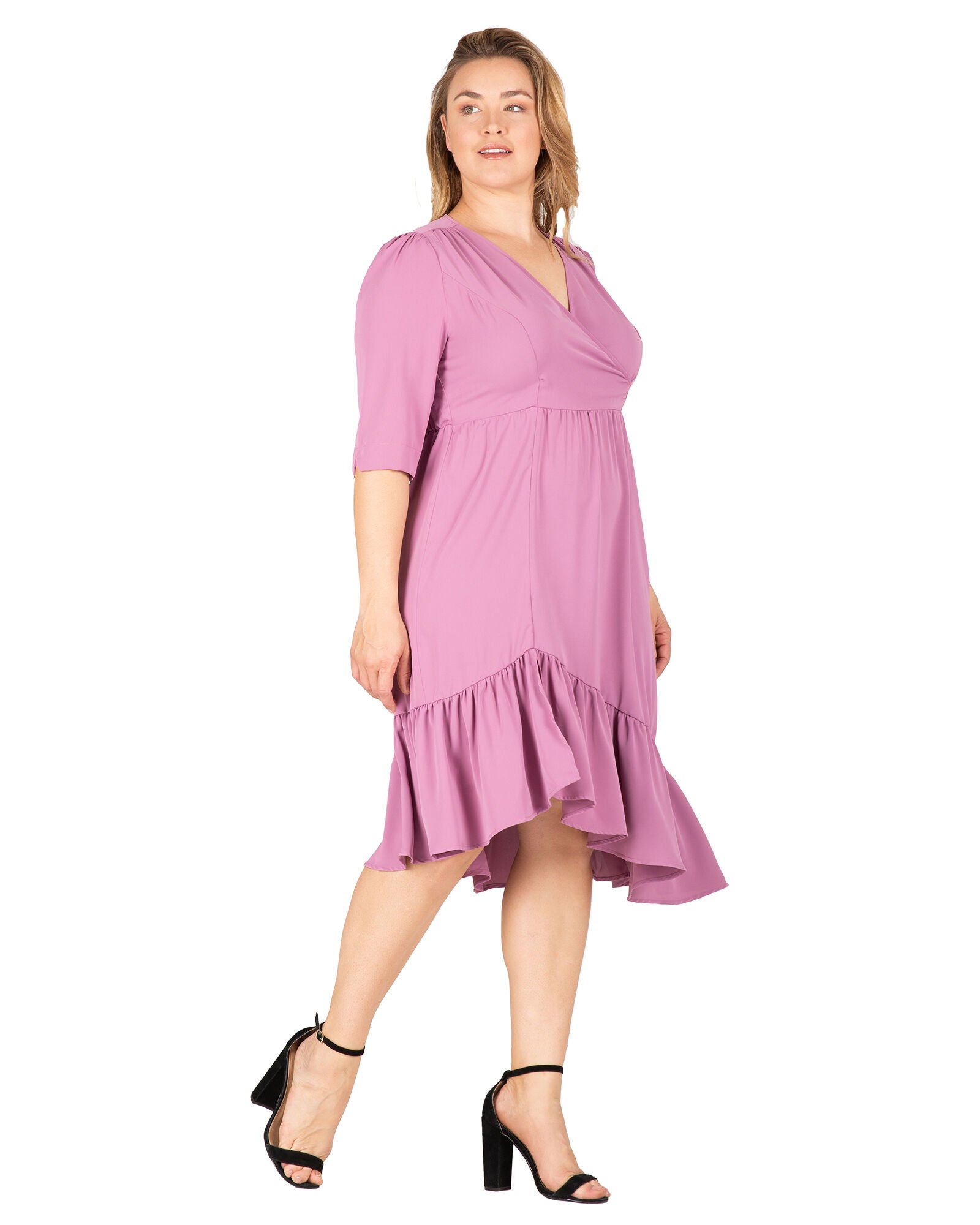 Kelsie Women&#39;s Ruched sleeve V Neck Ruffle Hem Midi Dress, , alternate image number 7
