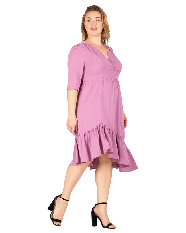 Kelsie Women's Ruched sleeve V Neck Ruffle Hem Midi Dress, , alternate image number 7