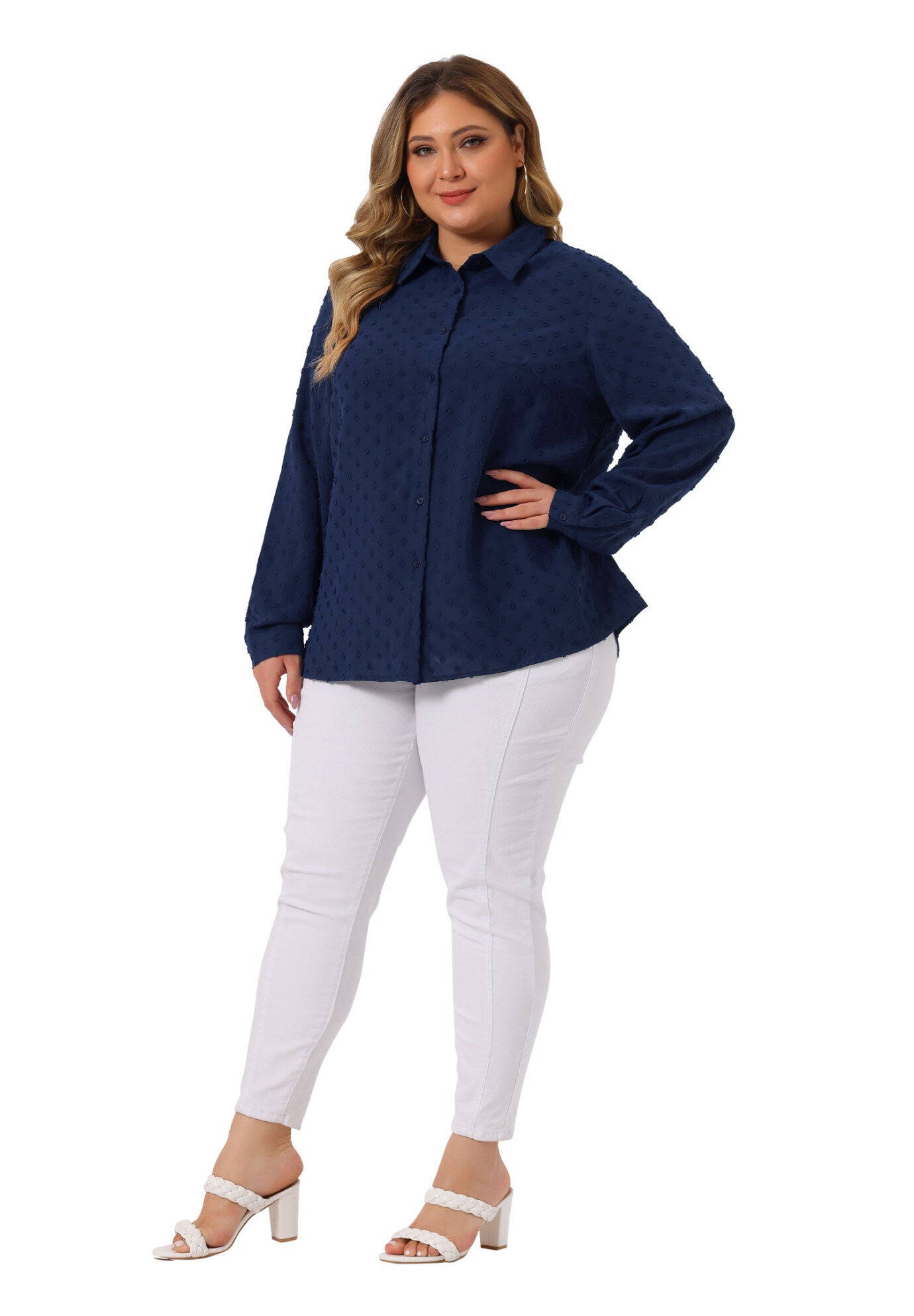 Swiss Dots Long Sleeve Button Down Shirt Blouse, Navy Blue / Navy, hi-res image number 0