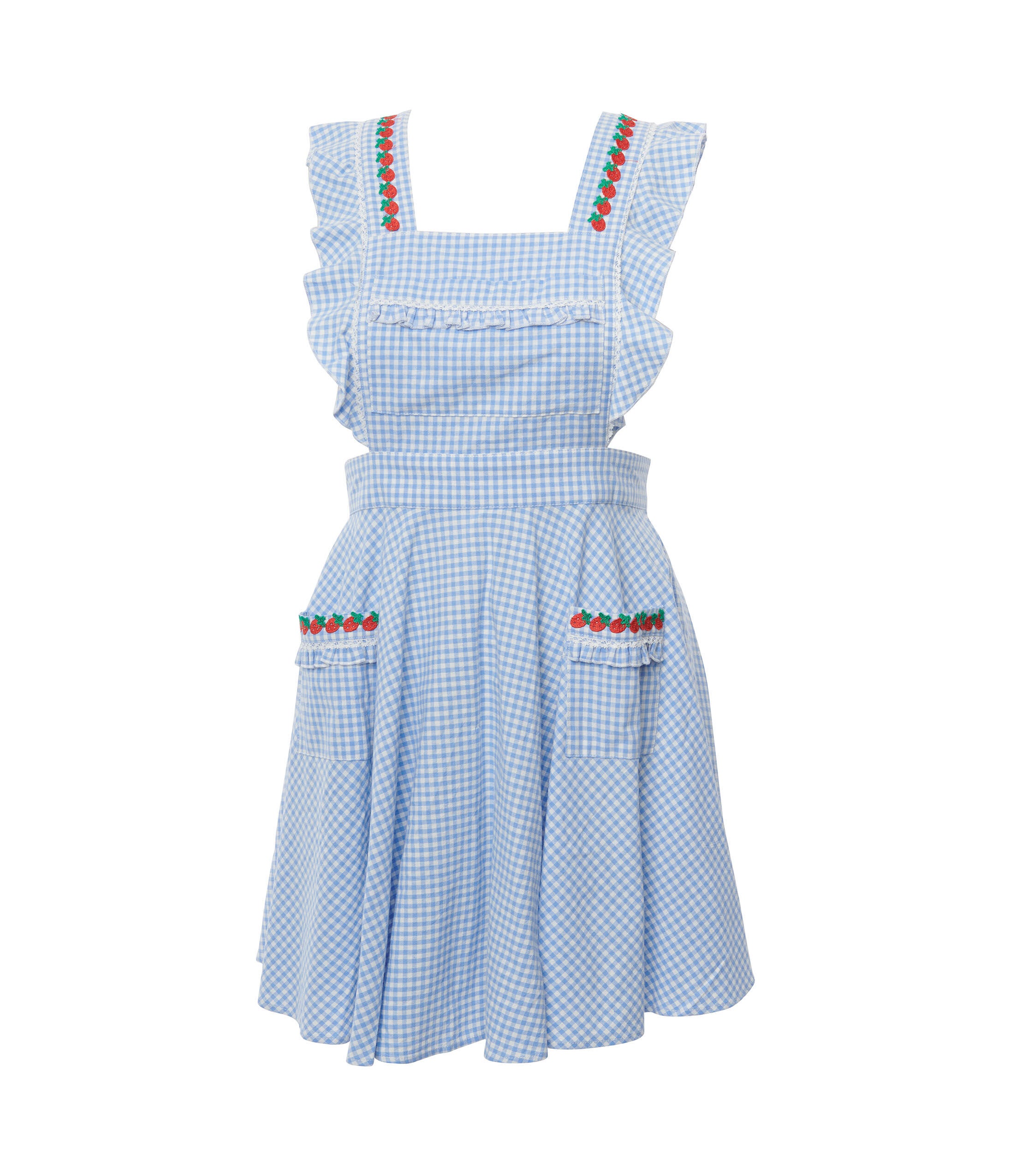 Unique Vintage Blue & White Gingham Ruffle Pinafore, Blue Gingham / Light Blue, hi-res image number 0