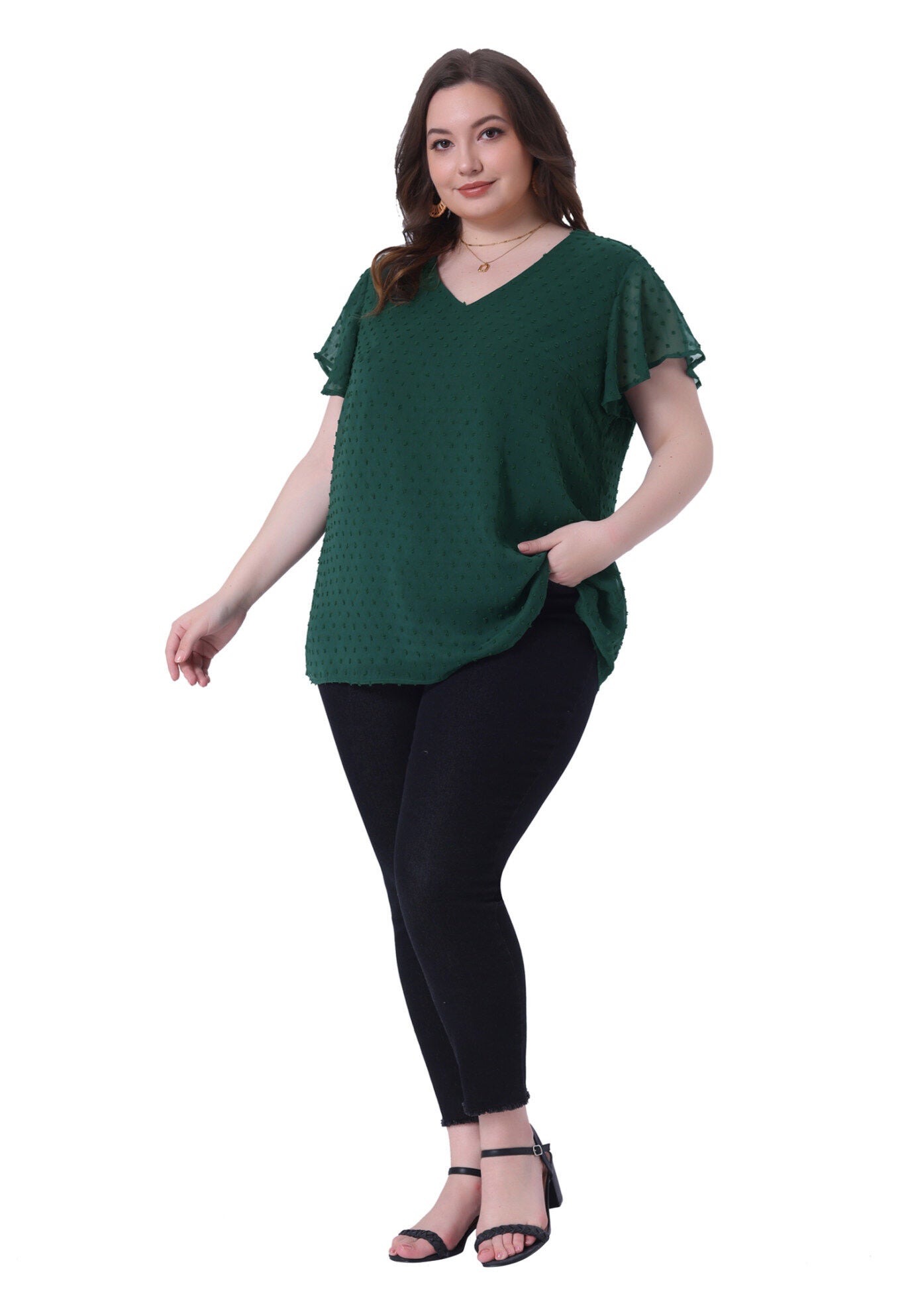 Swiss Dots Blouse V Neck Summer Short Sleeve Casual Top, Dark Green / Forest Green, hi-res image number 0