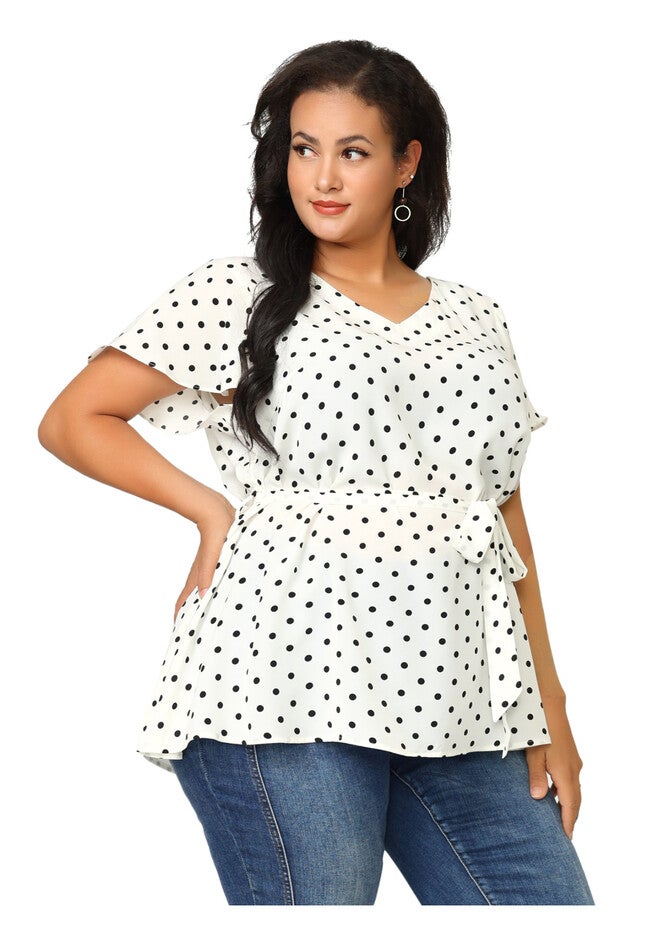 Tie Waist Polka Dots Ruffle Summer Short Sleeve Blouse, White / White, alternate image number 3