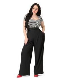 Unique Vintage Plus Size Black Wide Leg Pleated Pants