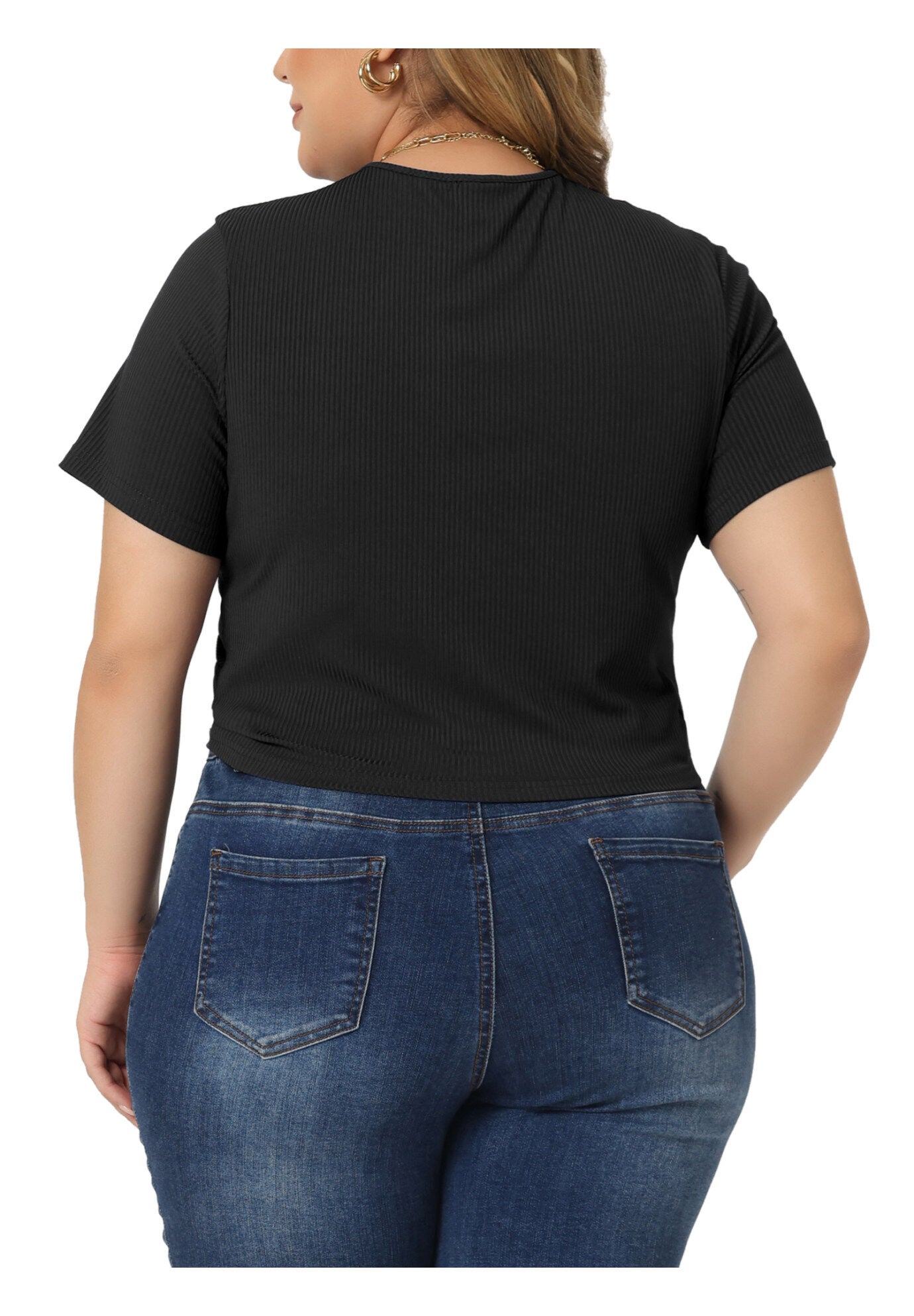 Twist Front V Neck Ribbed Short Sleeve T-Shirt Top, Black / Black, alternate image number 1