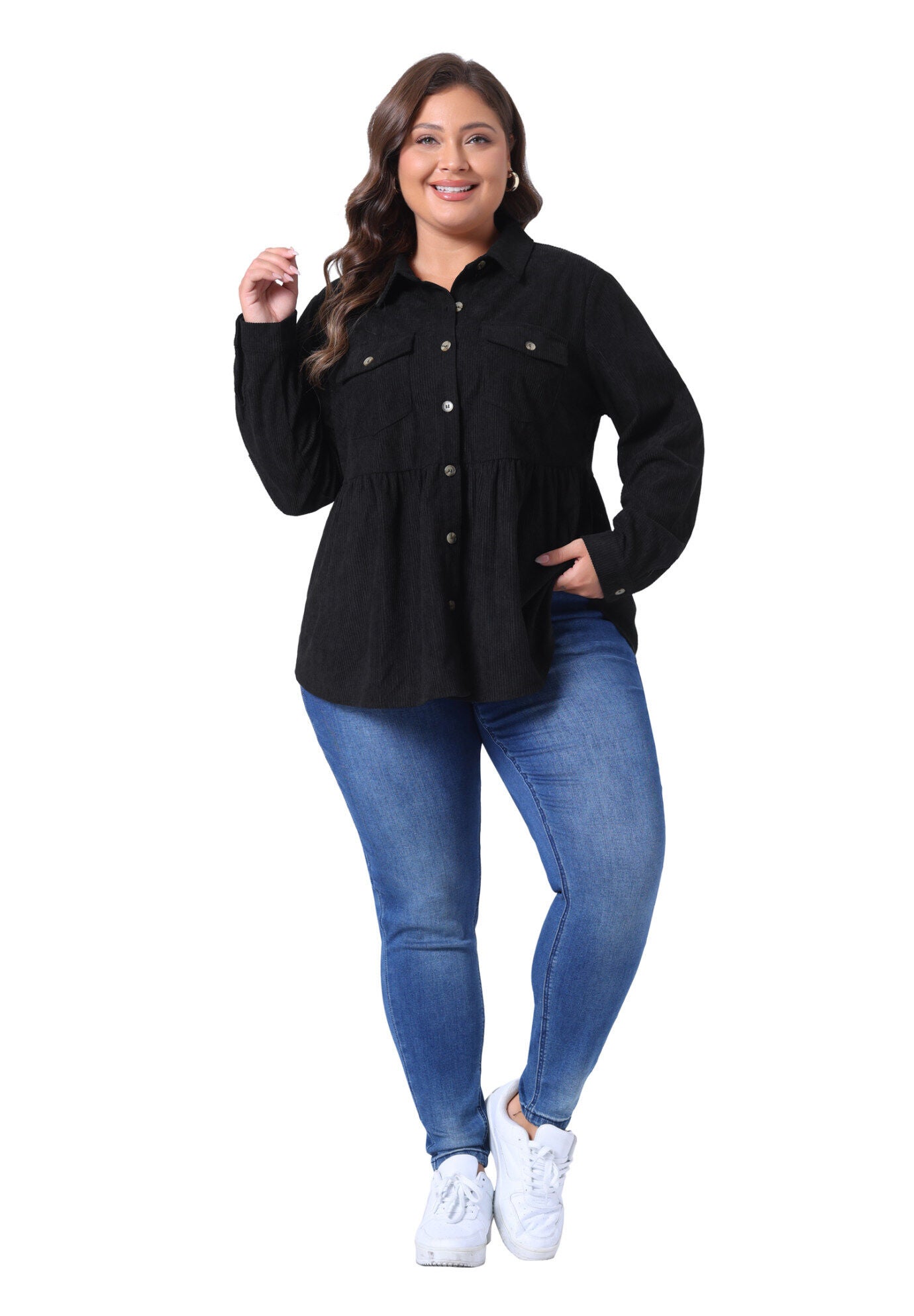 Peplum Button Down with Pockets Corduroy Shirt, Black / Black, hi-res image number 0