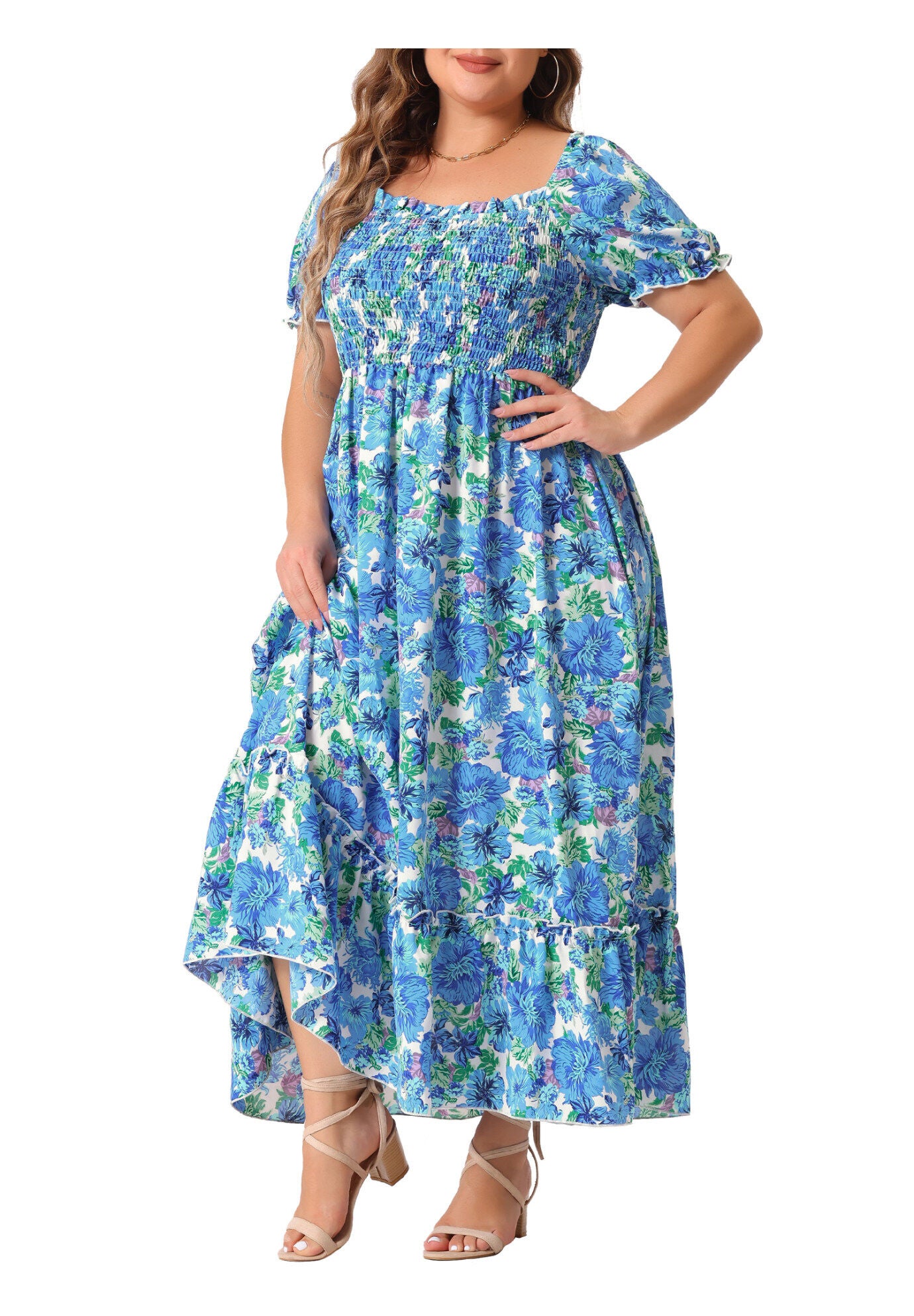 Short Sleeve Shirred Square Neck Floral Maxi Dress, Blue / Light Blue, alternate image number 3