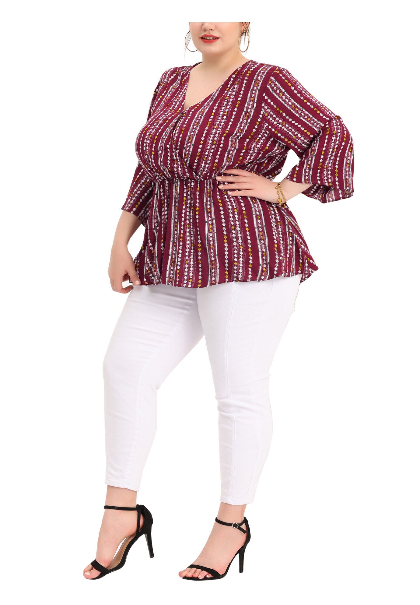 Boho Work V Neck Striped Peplum Top Blouse, Red / Red, alternate image number 1
