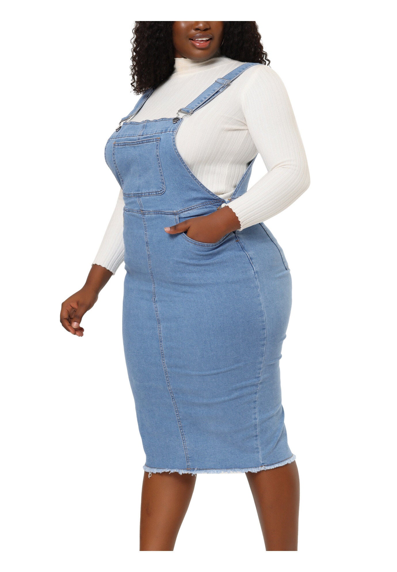 ADJUSTABLE STRAP BACK SLIT DISTRESSED DENIM OVERALL DRESS, Light Blue / Light Blue, alternate image number 2
