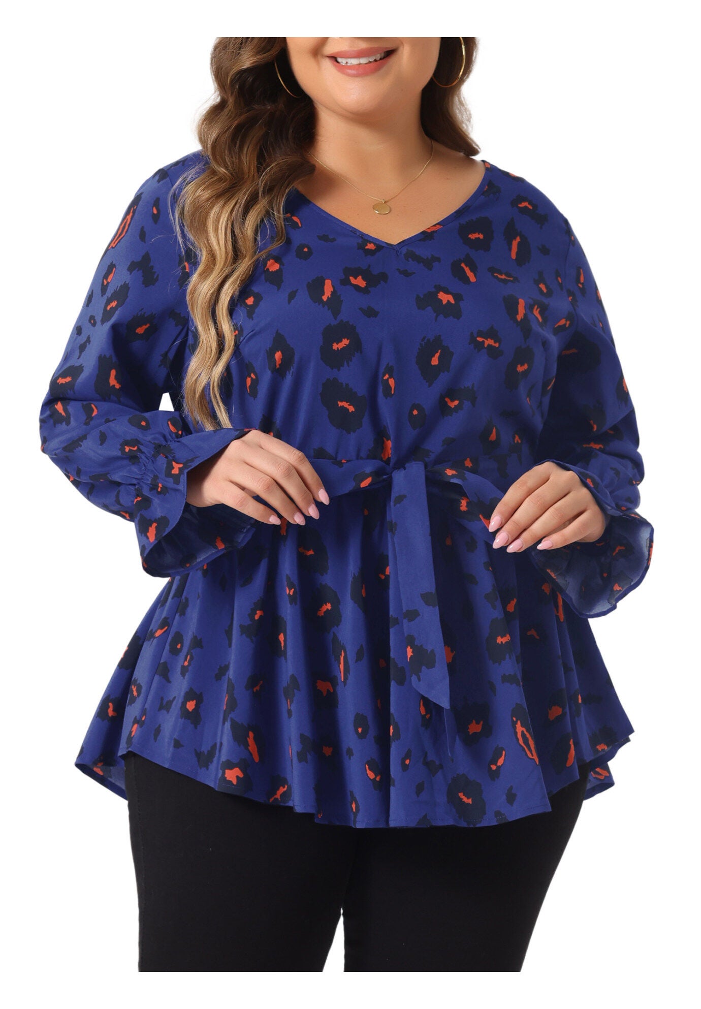 Graphic Print Belted Long Sleeve Peplum Blouse, Royal Blue / Royal Blue, alternate image number 2