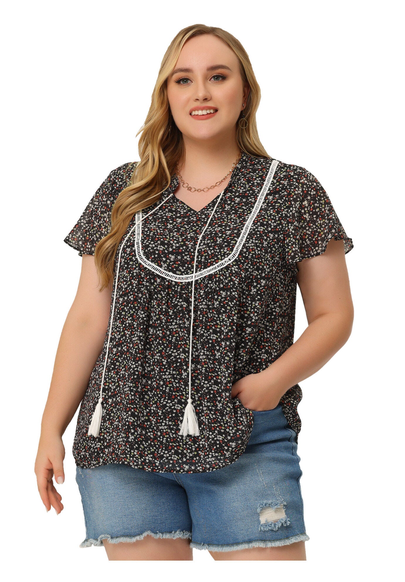 Floral Printed Bib Peasant Blouse Tie Neck Keyhole Boho Top, Black / Black, hi-res image number 0