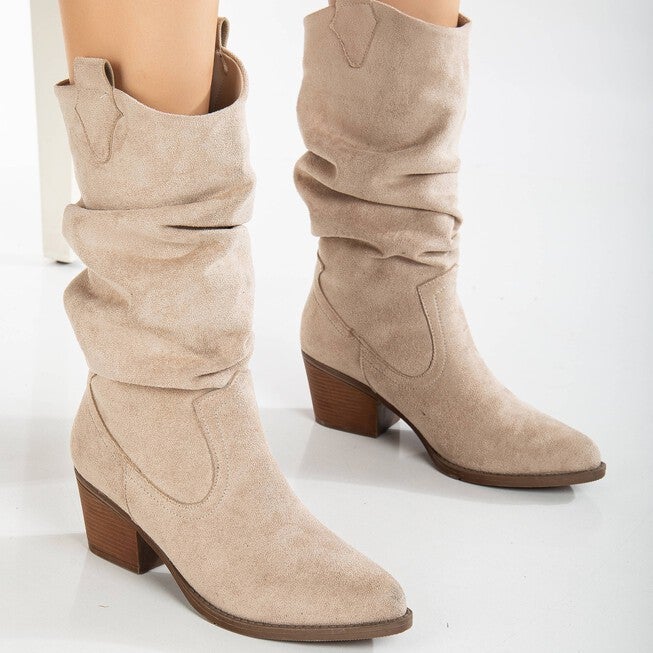 BONNIE - BEIGE SUEDE SLOUCH WESTERN BOOTS, BEIGE / Beige, alternate image number null