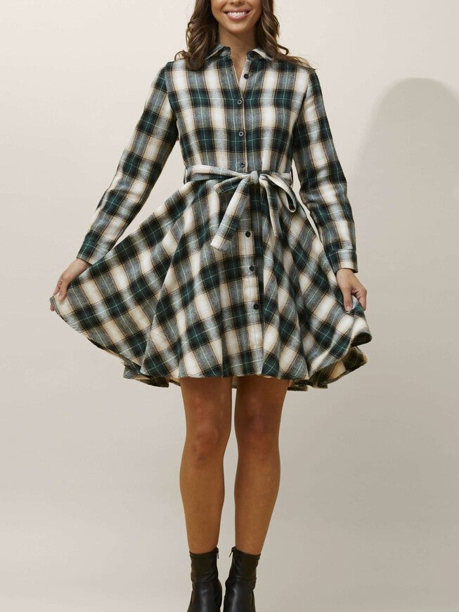 Fiona Shirt Dress Waist Tie Plaid Print Green, Green / Olive Green, alternate image number 2